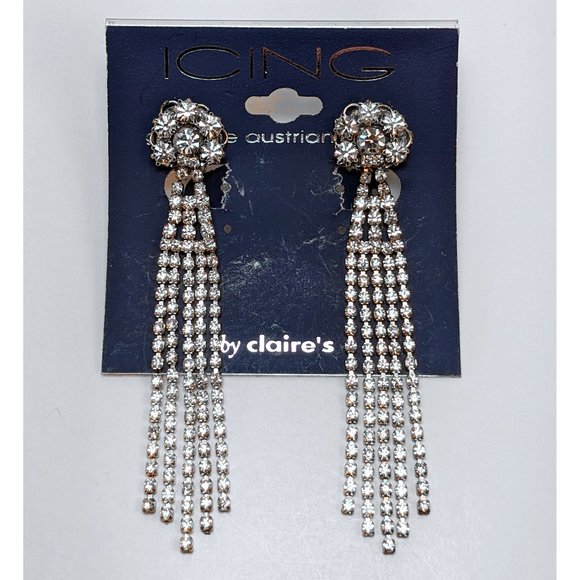 Clip Vintage 90s Austrian Crystal Waterfall Drop Earrings Prom Formal Icing - Picture 2 of 3